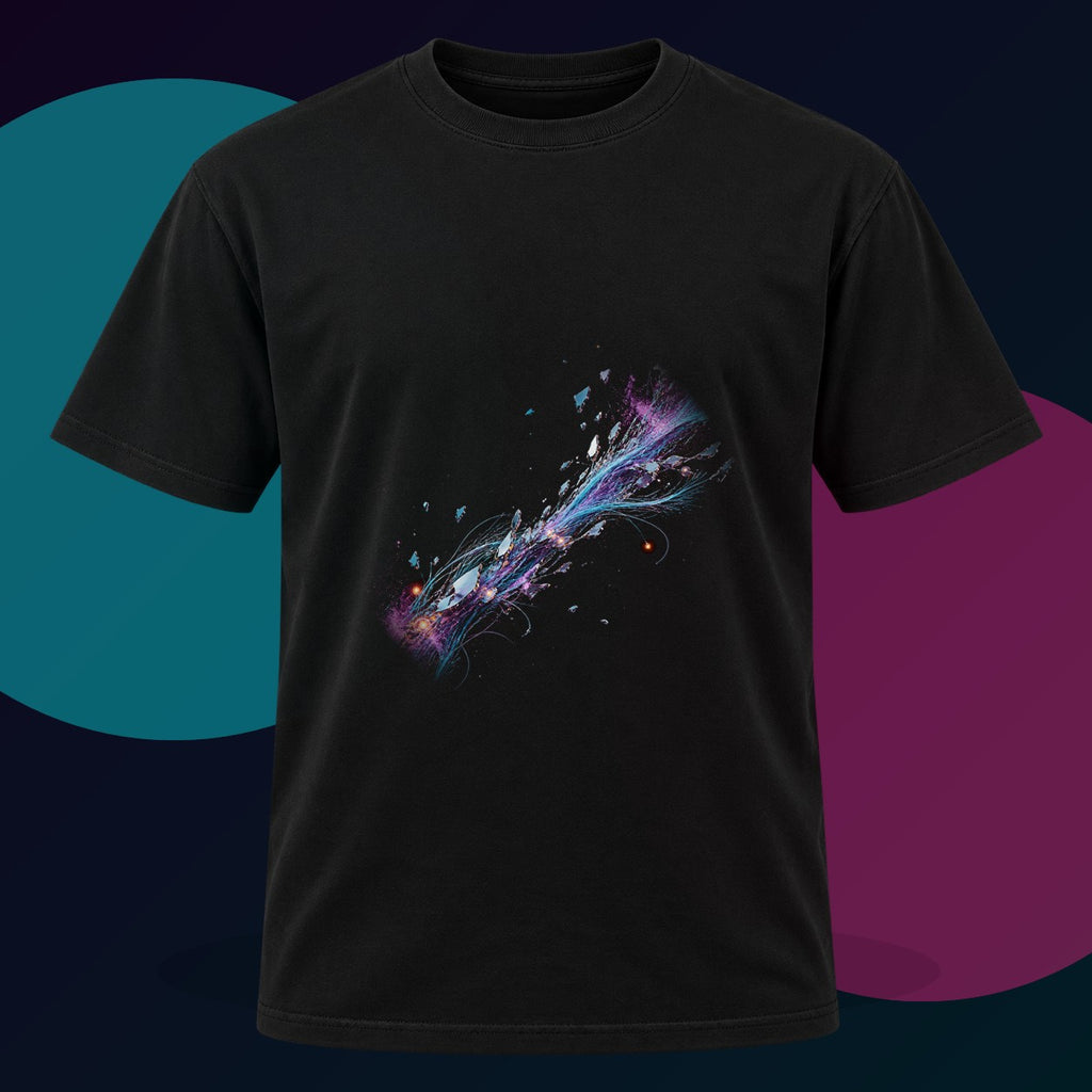 Celestial Cable Bloom original KOSVYRE design on a black graphic tee with cyan and violet studio lighting