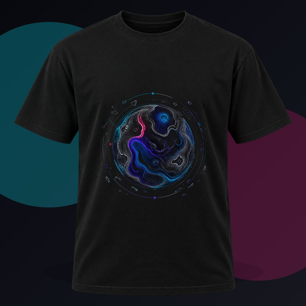 Celestial Contour original KOSVYRE design on a black graphic tee against a graphite studio background