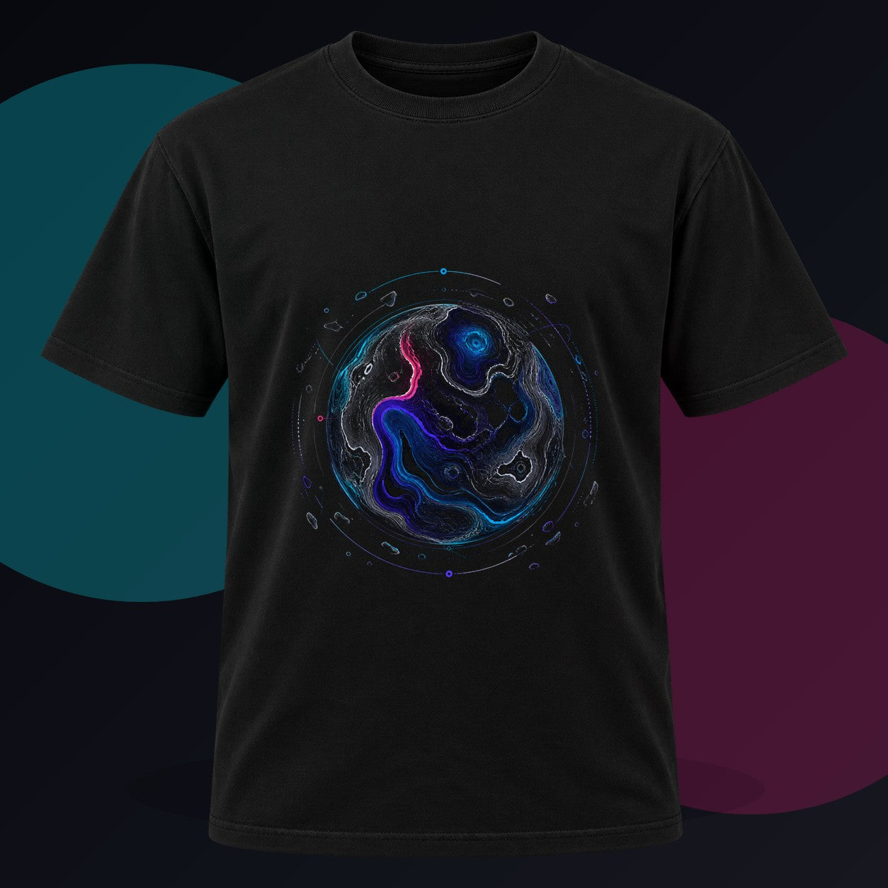 Celestial Contour original KOSVYRE design on a black graphic tee against a graphite studio background
