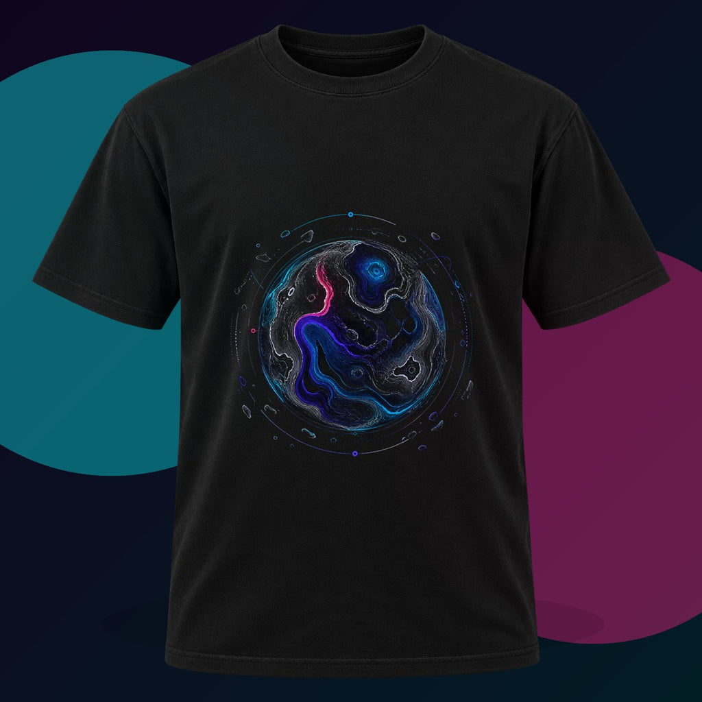 Celestial Contour original KOSVYRE design on a black graphic tee with cyan and violet studio lighting