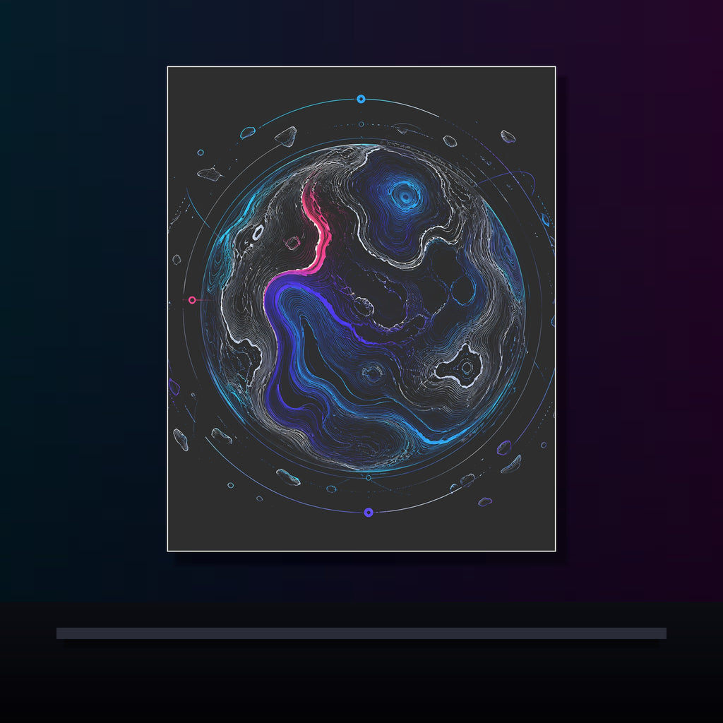 Celestial Contour original KOSVYRE poster displayed in a dark psychedelic gallery setting