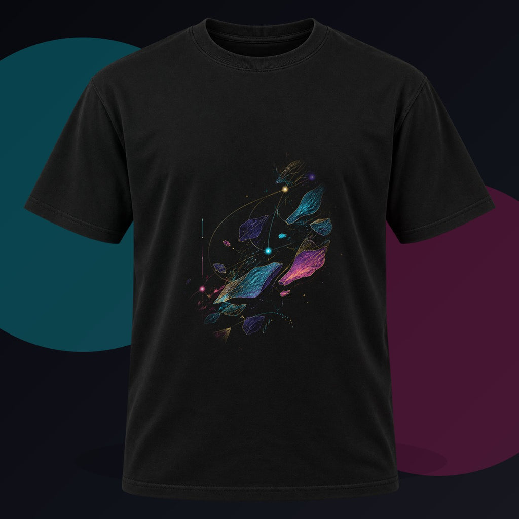 Celestial Drift Tapestry original KOSVYRE design on a black graphic tee against a graphite studio background