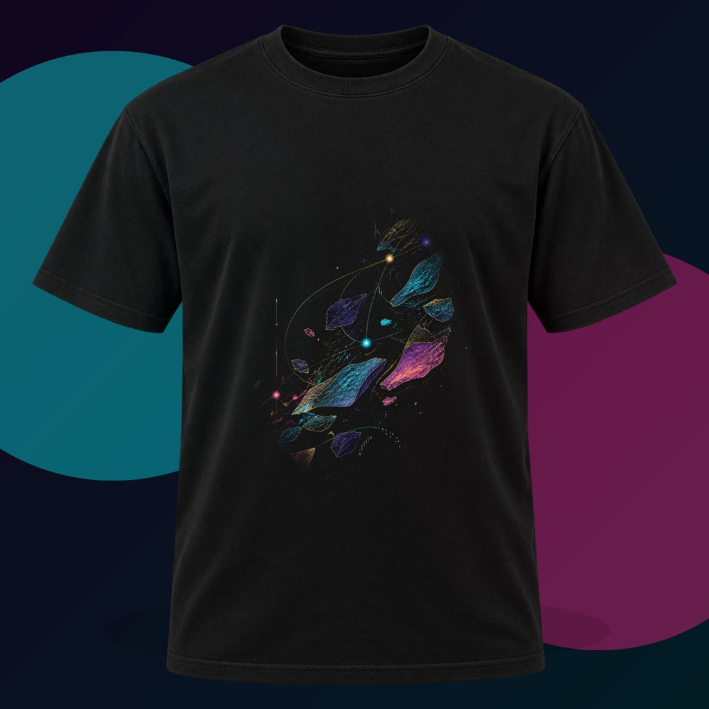 Celestial Drift Tapestry original KOSVYRE design on a black graphic tee with cyan and violet studio lighting
