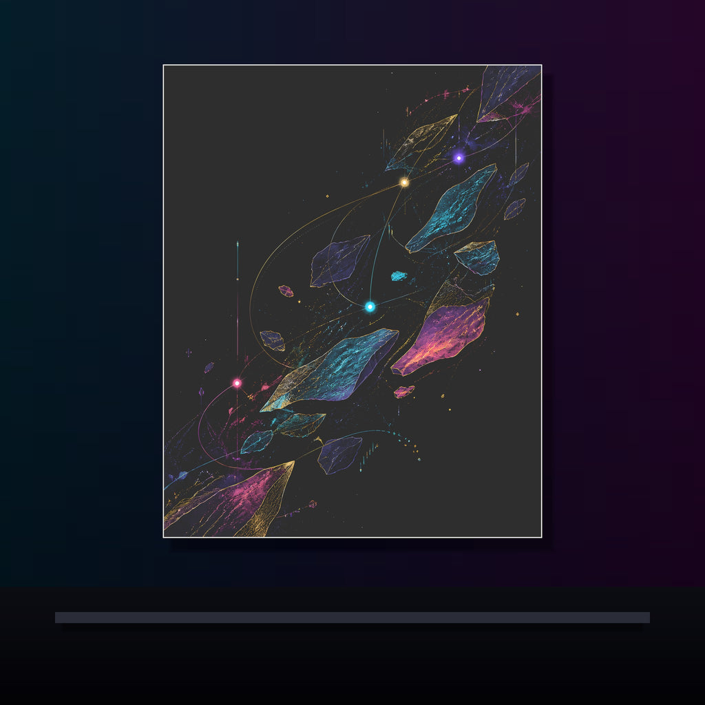 Celestial Drift Tapestry original KOSVYRE poster displayed in a dark psychedelic gallery setting