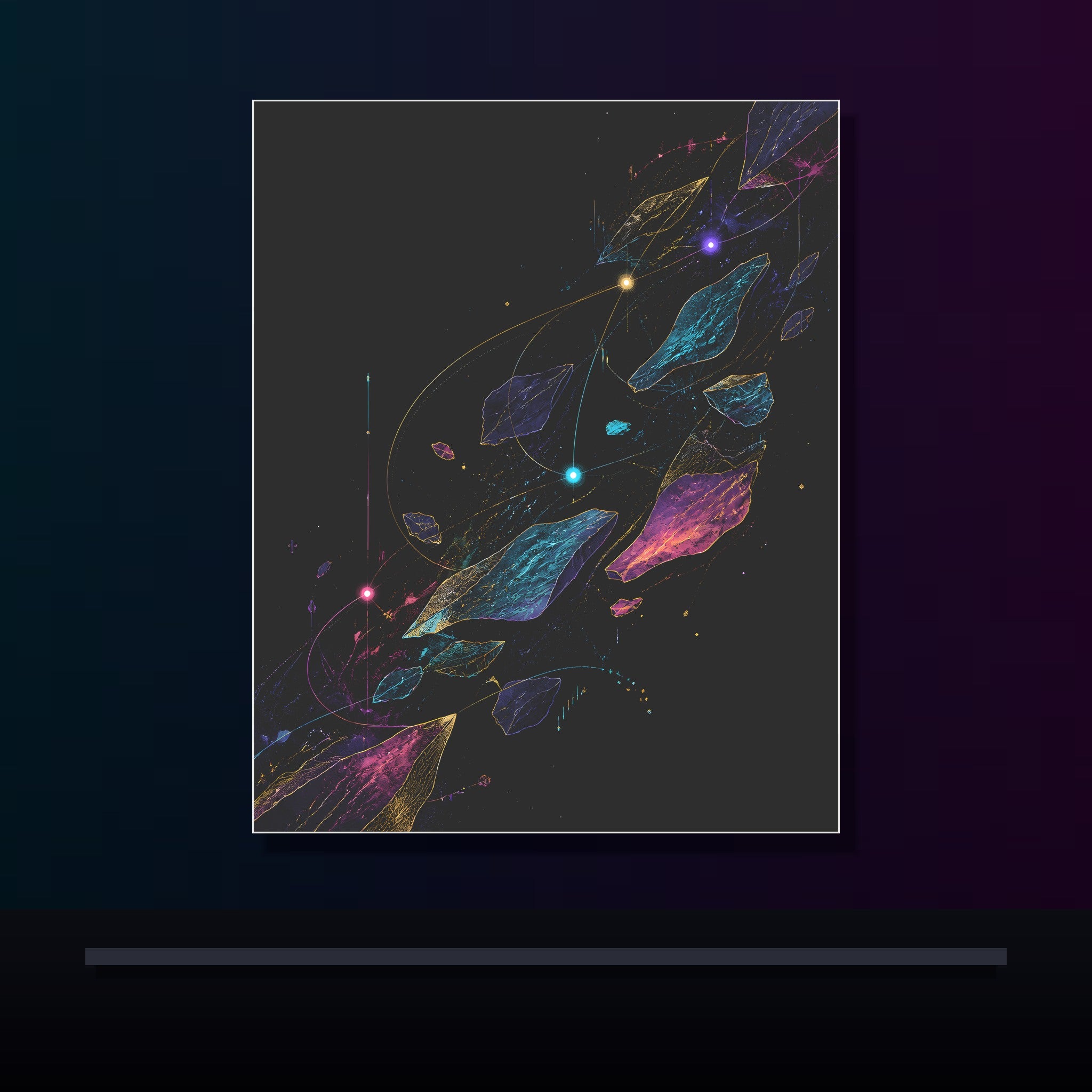 Celestial Drift Tapestry original KOSVYRE poster displayed in a dark psychedelic gallery setting