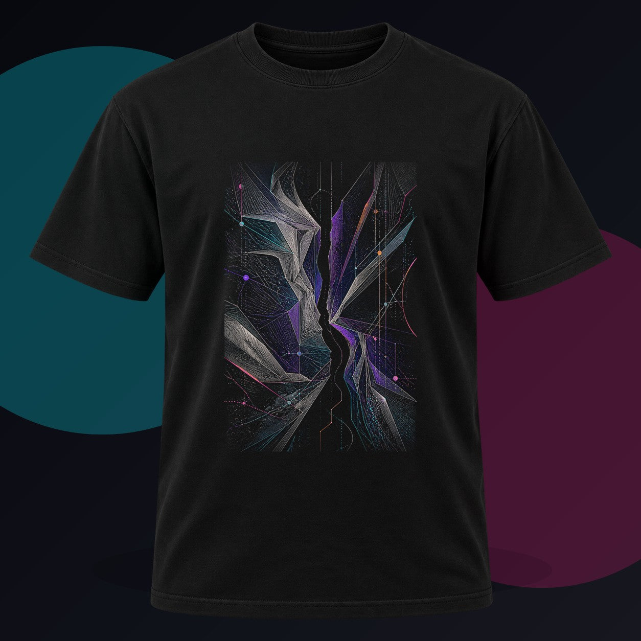 Celestial Fold Choir original KOSVYRE design on a black graphic tee against a graphite studio background