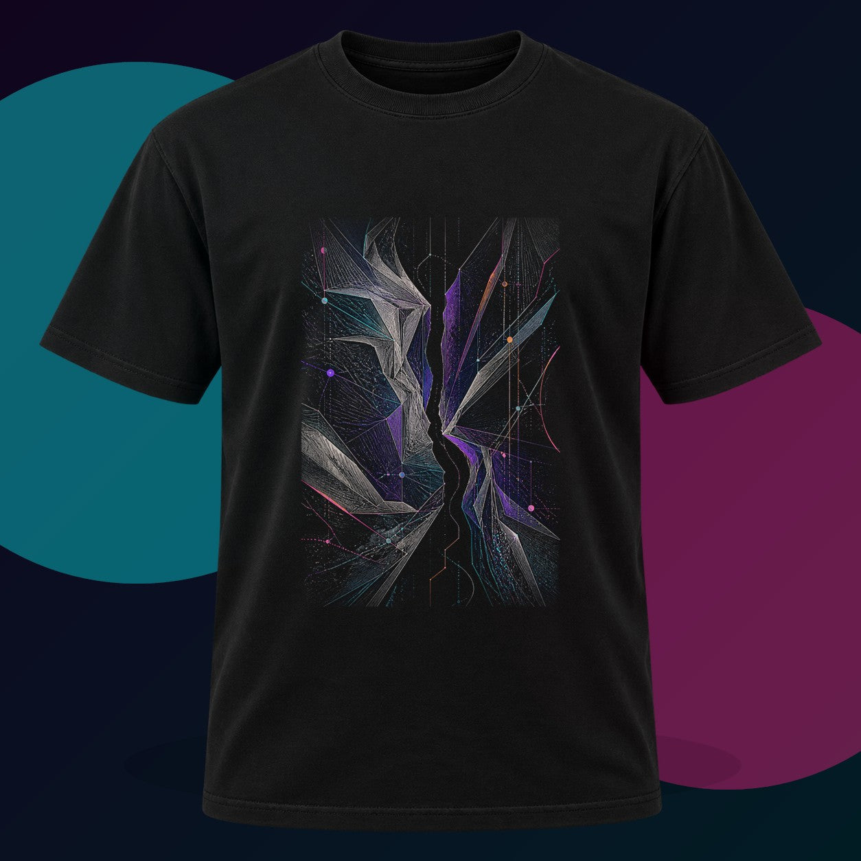 Celestial Fold Choir original KOSVYRE design on a black graphic tee with cyan and violet studio lighting