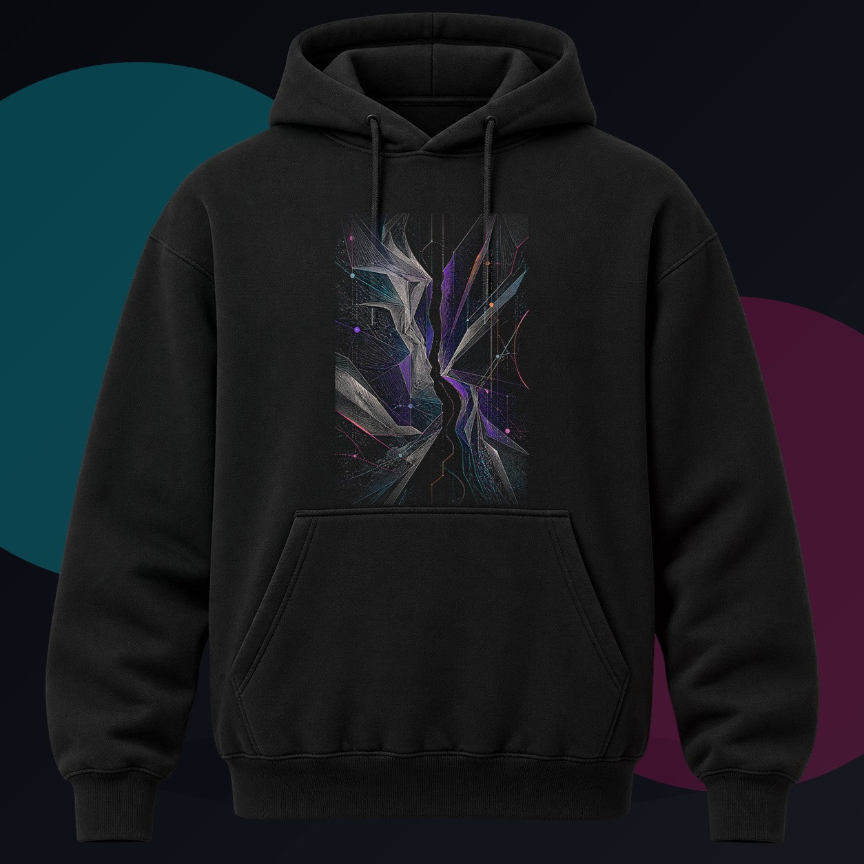 Celestial Fold Choir original KOSVYRE design on a black hoodie against a graphite studio background