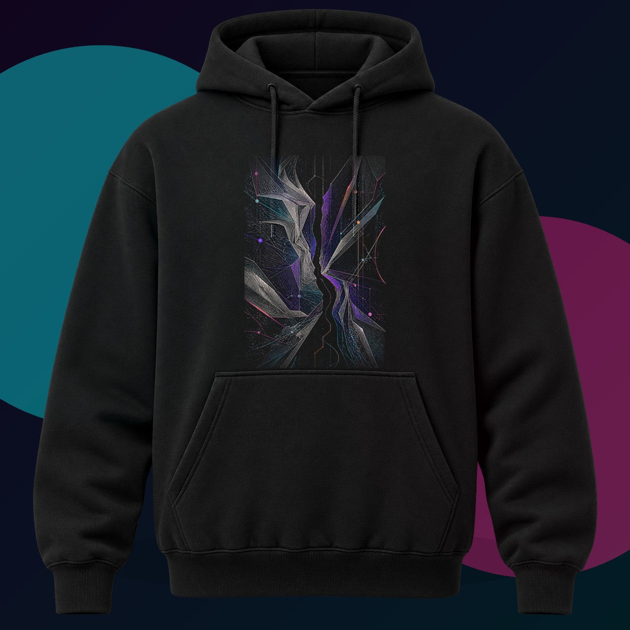 Celestial Fold Choir original KOSVYRE design on a black hoodie with cyan and violet studio lighting