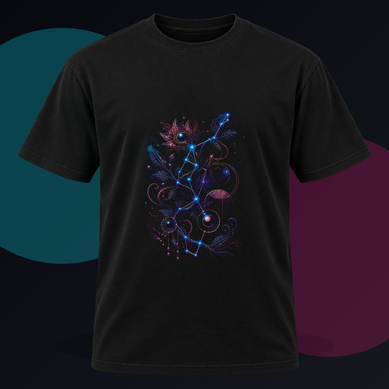 Celestial Thread Map original KOSVYRE design on a black graphic tee against a graphite studio background