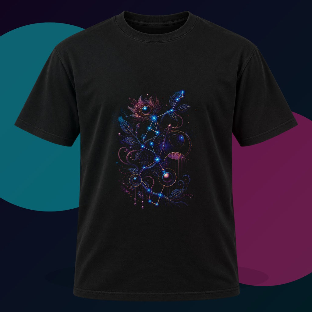 Celestial Thread Map original KOSVYRE design on a black graphic tee with cyan and violet studio lighting