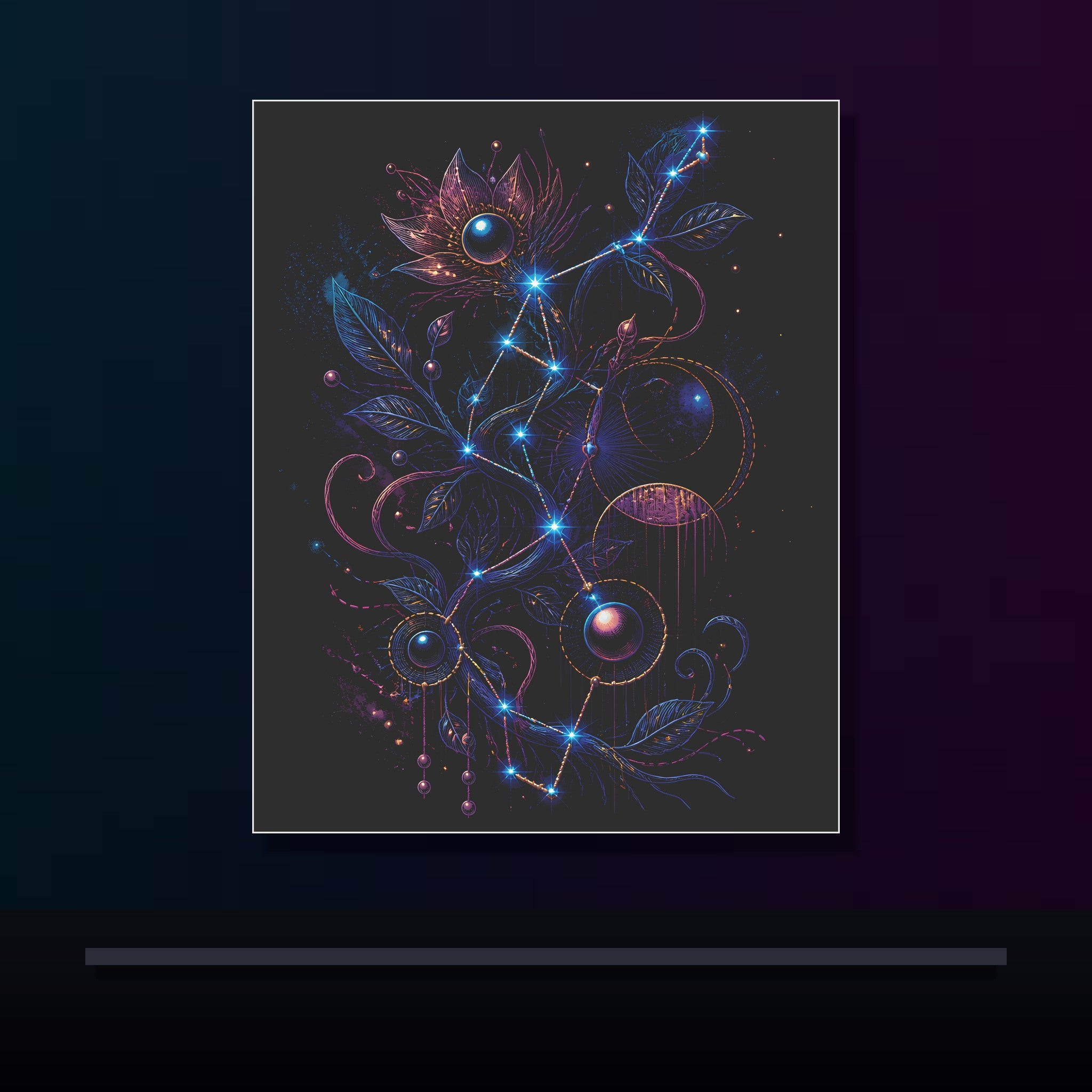 Celestial Thread Map original KOSVYRE poster displayed in a dark psychedelic gallery setting