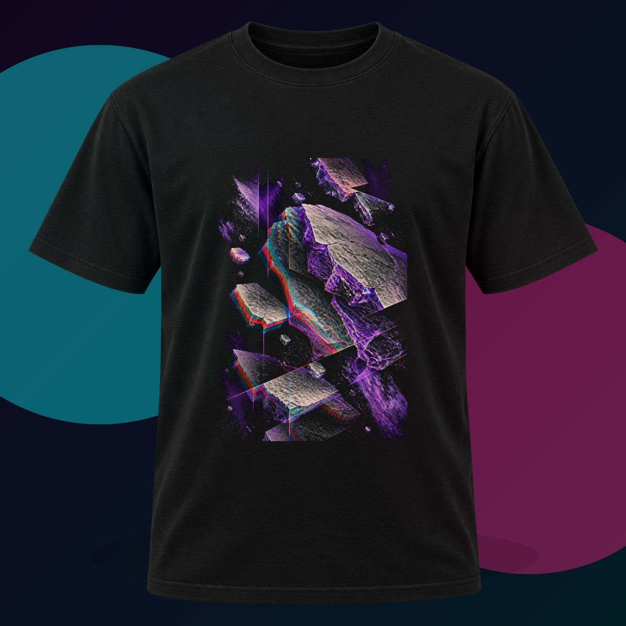 Chromatic Afterimage Quarry original KOSVYRE design on a black graphic tee with cyan and violet studio lighting