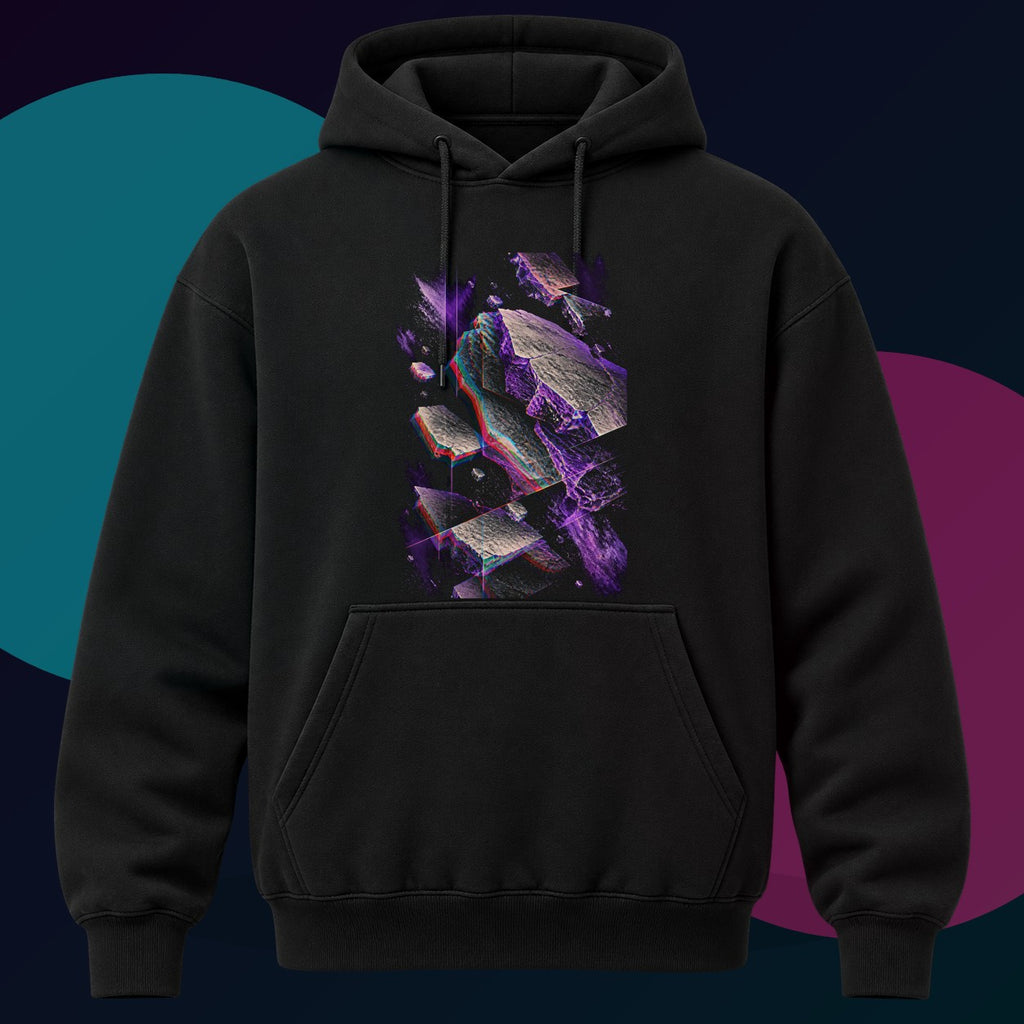 Chromatic Afterimage Quarry original KOSVYRE design on a black hoodie with cyan and violet studio lighting
