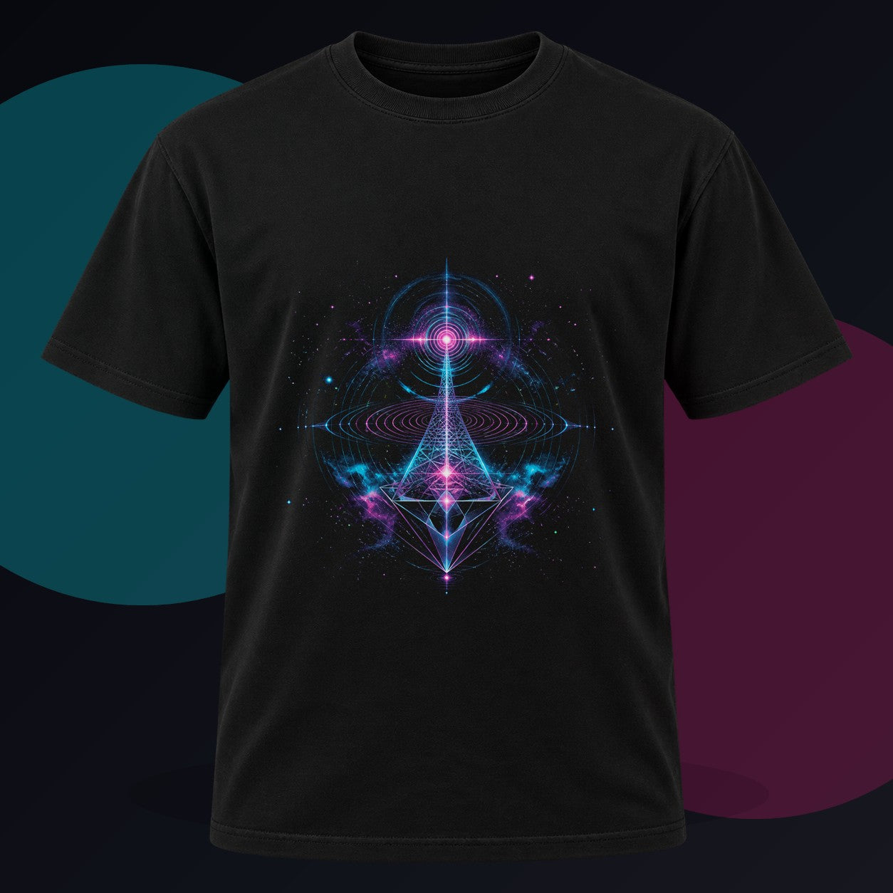 Chromatic Echo Field original KOSVYRE design on a black graphic tee against a graphite studio background