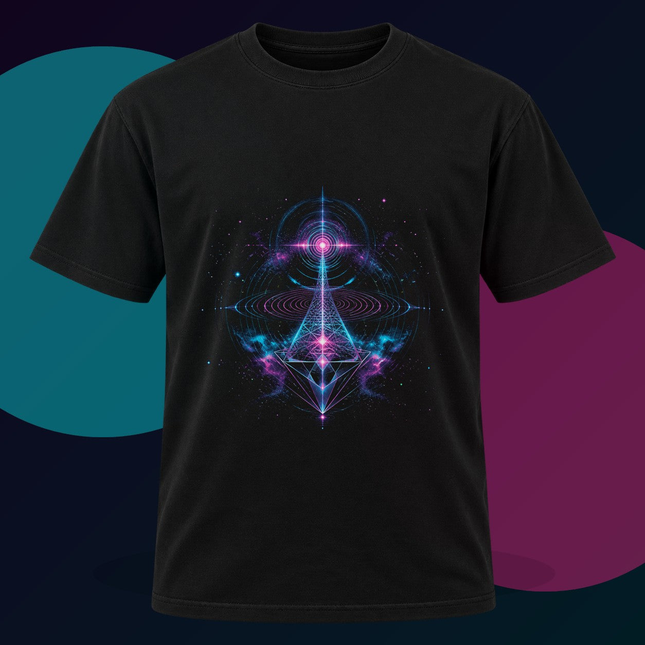 Chromatic Echo Field original KOSVYRE design on a black graphic tee with cyan and violet studio lighting