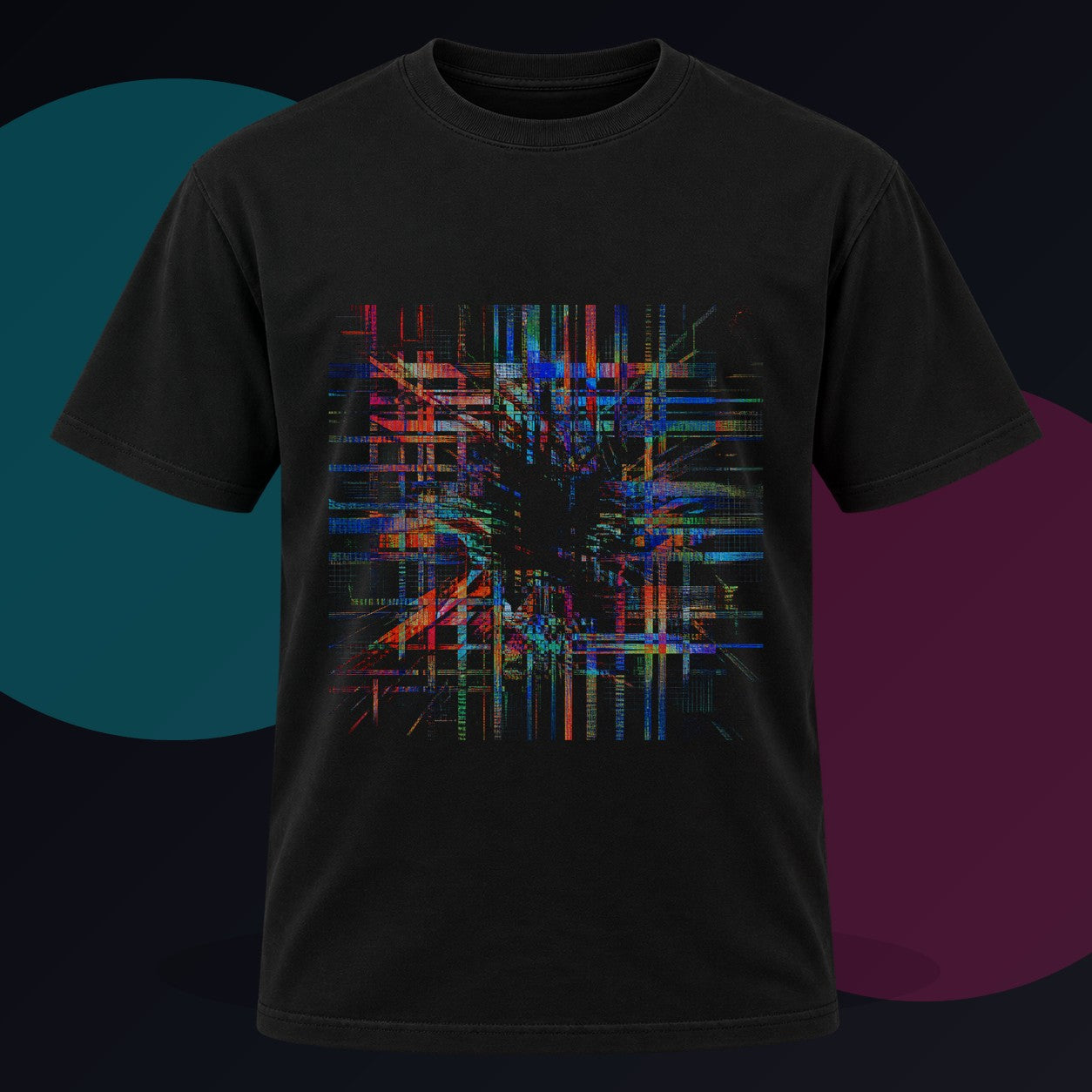 Chromatic Null Loom original KOSVYRE design on a black graphic tee against a graphite studio background
