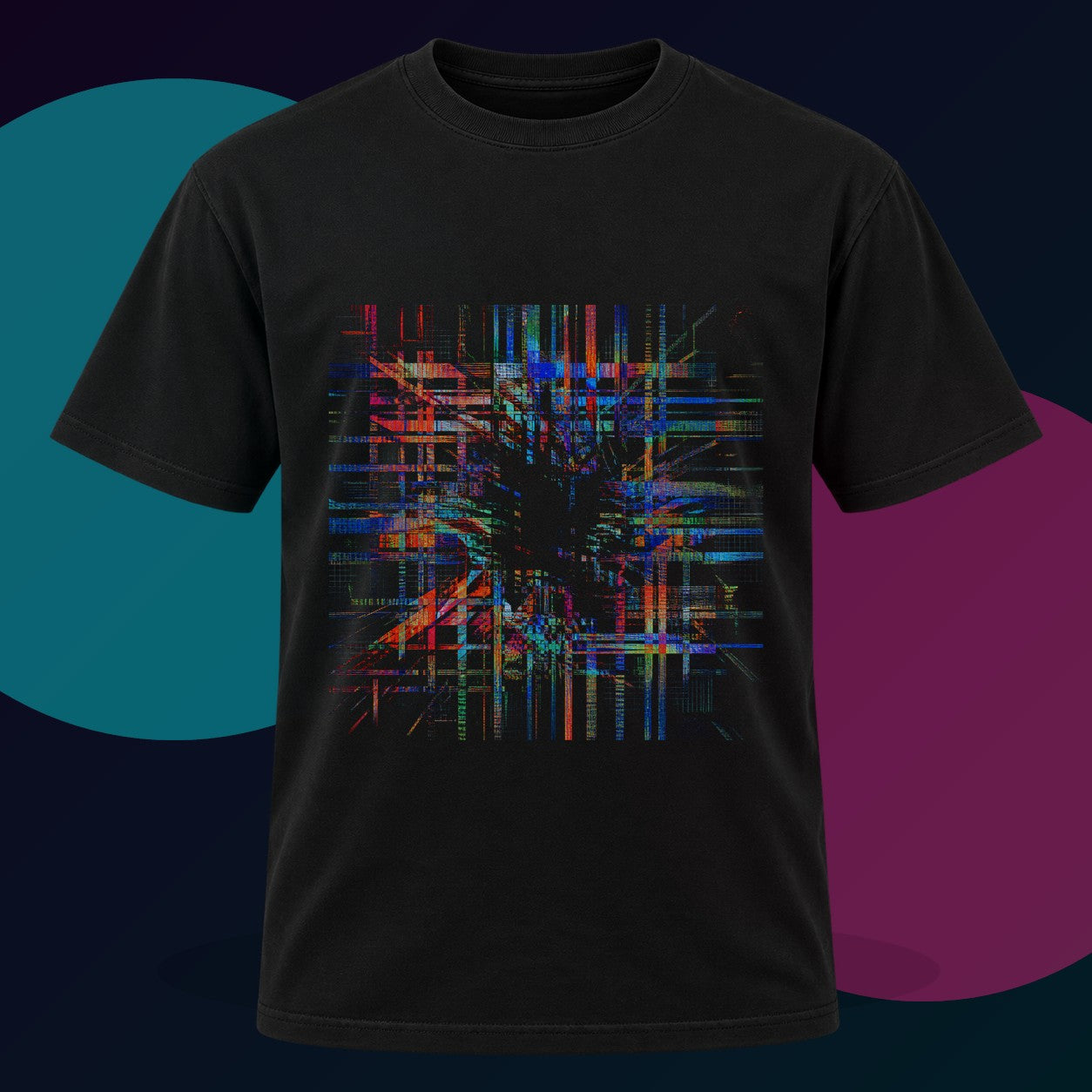 Chromatic Null Loom original KOSVYRE design on a black graphic tee with cyan and violet studio lighting