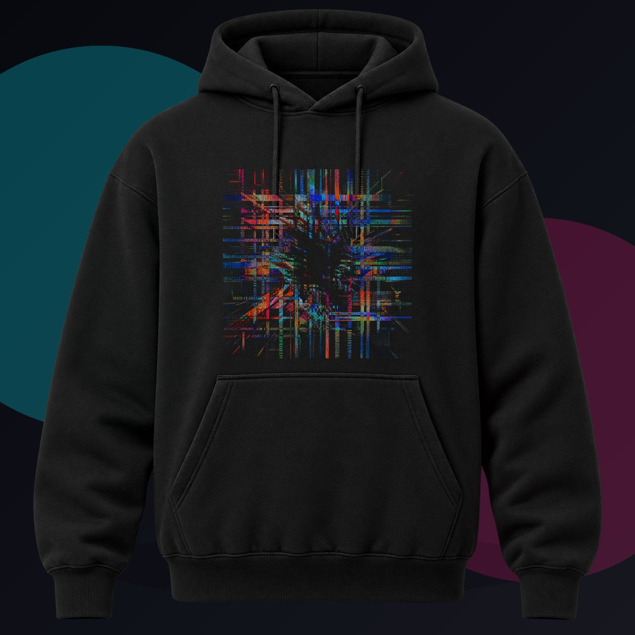 Chromatic Null Loom original KOSVYRE design on a black hoodie against a graphite studio background