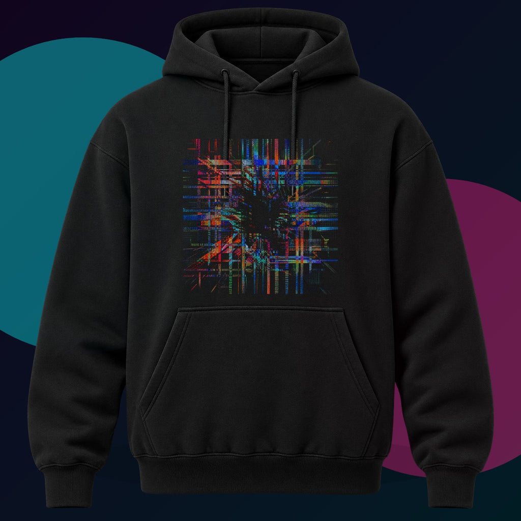 Chromatic Null Loom original KOSVYRE design on a black hoodie with cyan and violet studio lighting