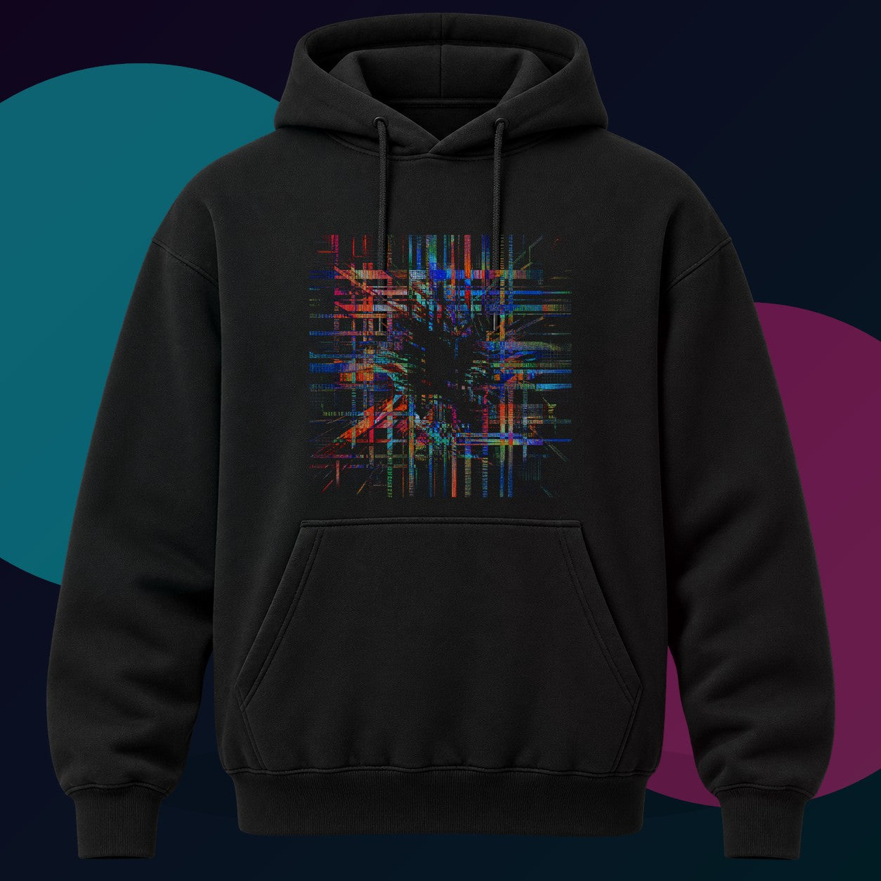 Chromatic Null Loom original KOSVYRE design on a black hoodie with cyan and violet studio lighting