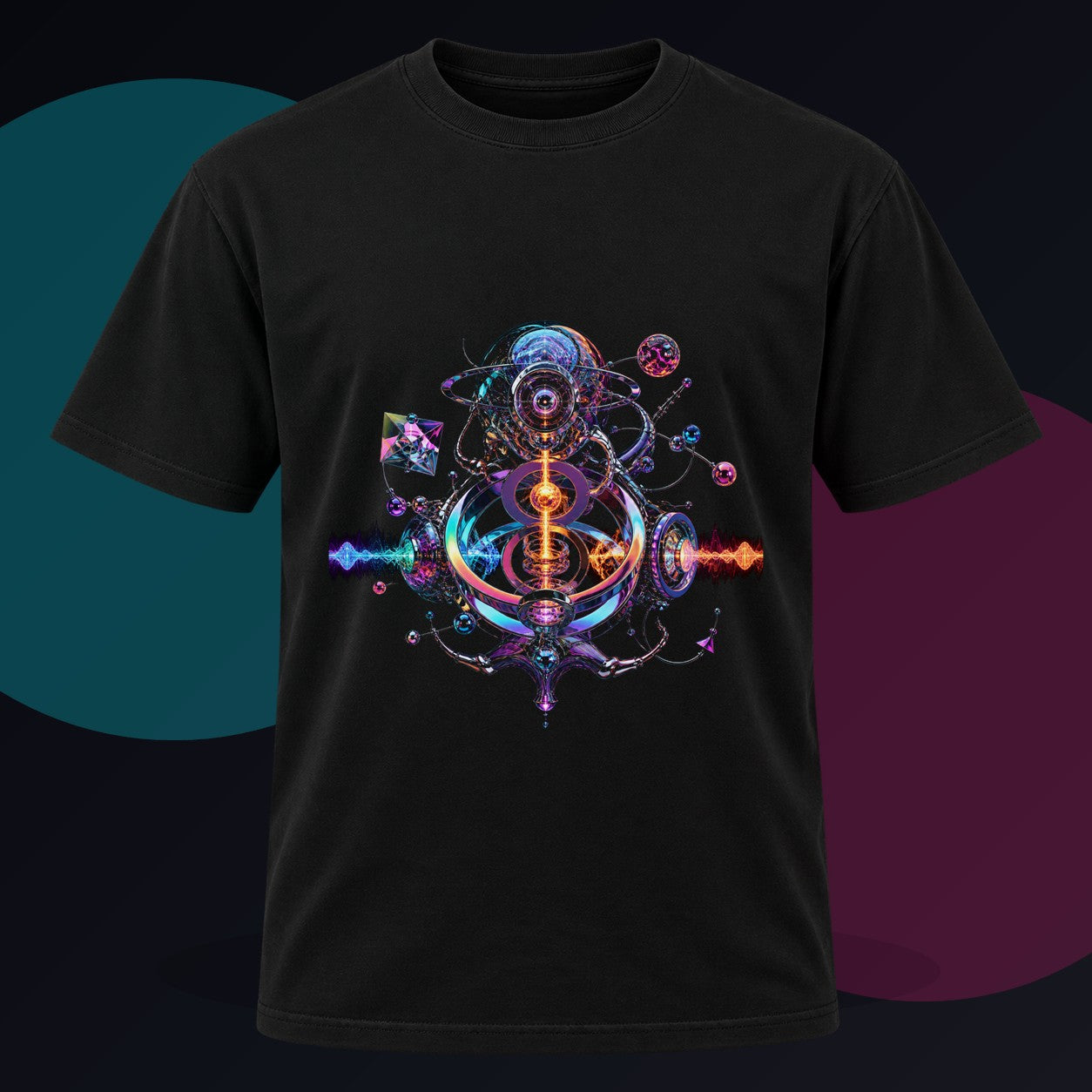 Chromatic Relay original KOSVYRE design on a black graphic tee against a graphite studio background