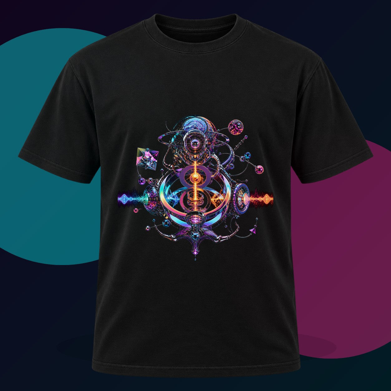 Chromatic Relay original KOSVYRE design on a black graphic tee with cyan and violet studio lighting