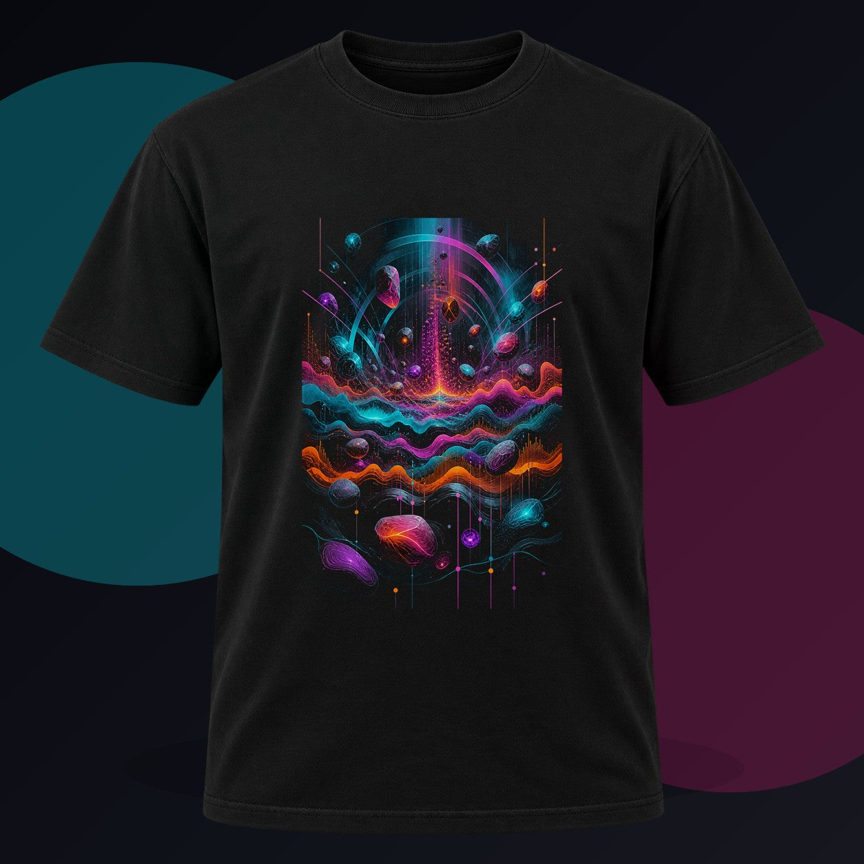 Chromatic Signal Reservoir original KOSVYRE design on a black graphic tee against a graphite studio background