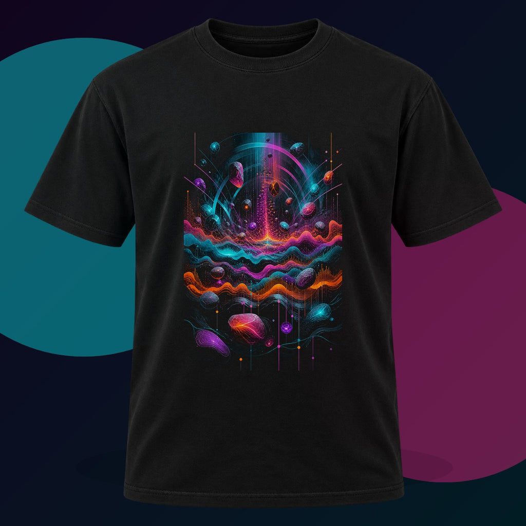 Chromatic Signal Reservoir original KOSVYRE design on a black graphic tee with cyan and violet studio lighting
