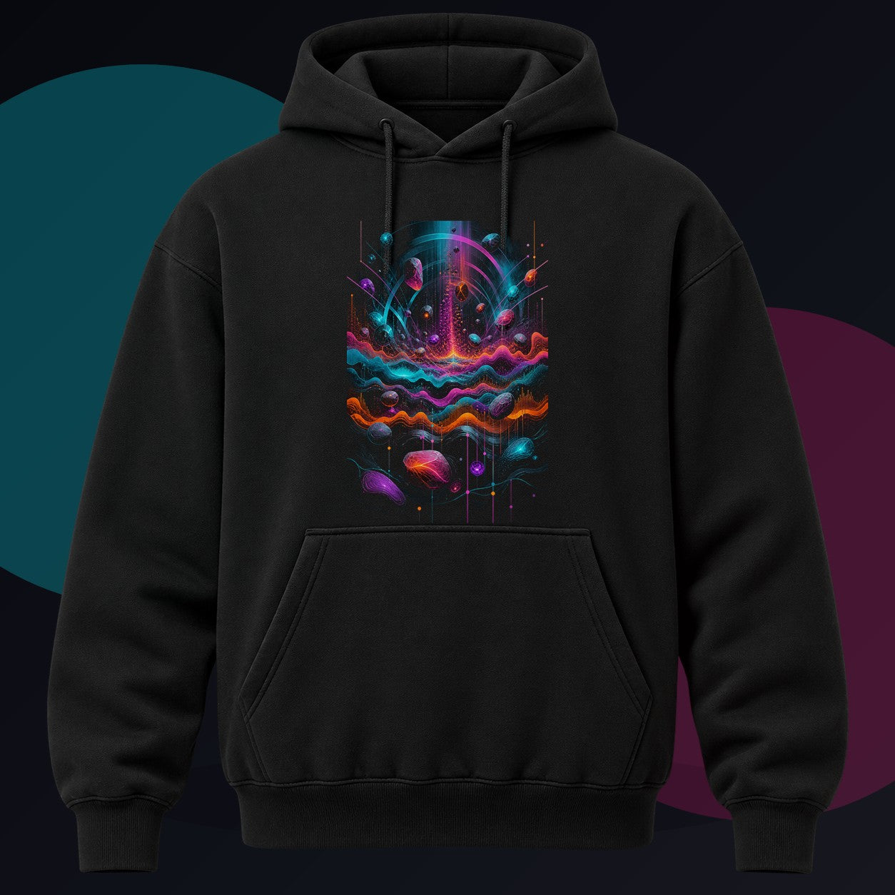 Chromatic Signal Reservoir original KOSVYRE design on a black hoodie against a graphite studio background