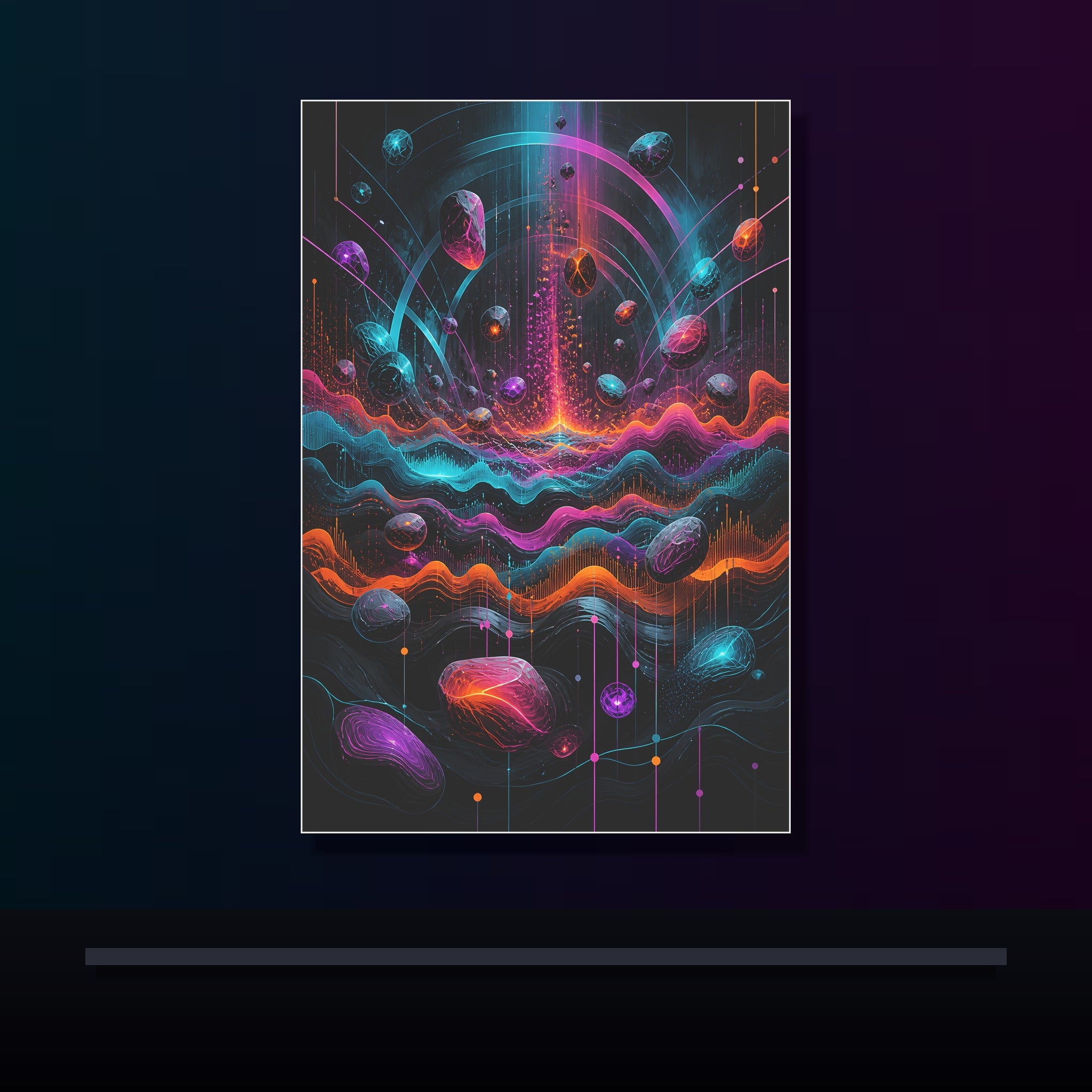 Chromatic Signal Reservoir original KOSVYRE poster displayed in a dark psychedelic gallery setting