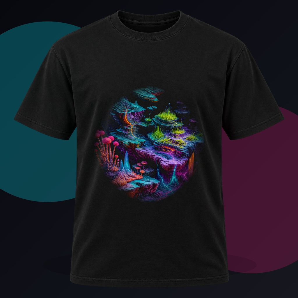 Chromatic Tectonic Garden original KOSVYRE design on a black graphic tee against a graphite studio background