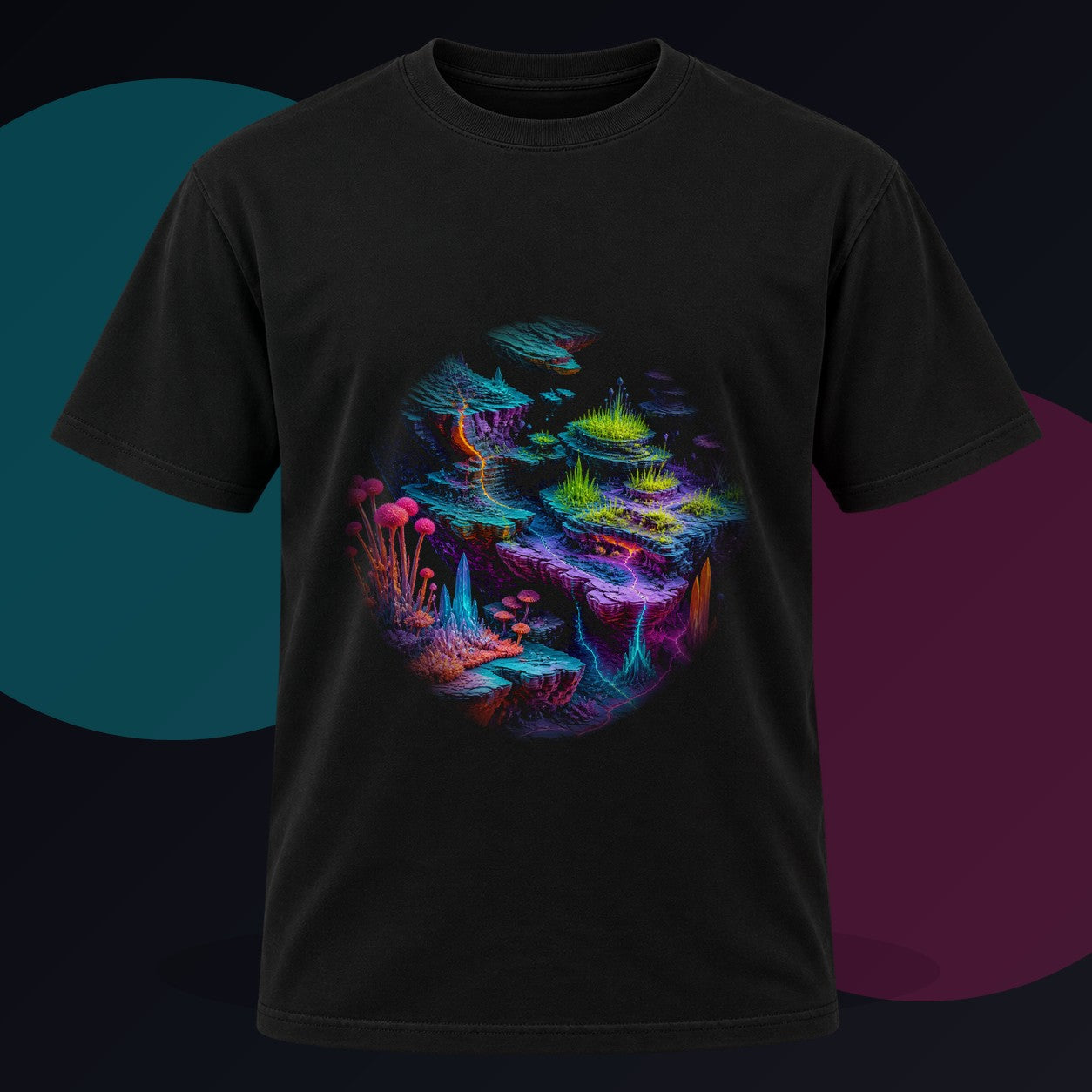 Chromatic Tectonic Garden original KOSVYRE design on a black graphic tee against a graphite studio background