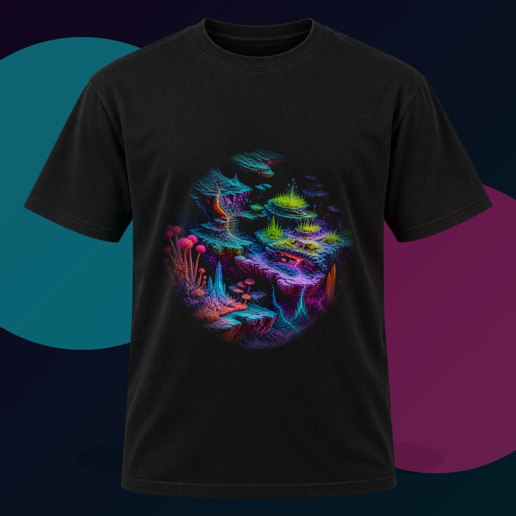Chromatic Tectonic Garden original KOSVYRE design on a black graphic tee with cyan and violet studio lighting