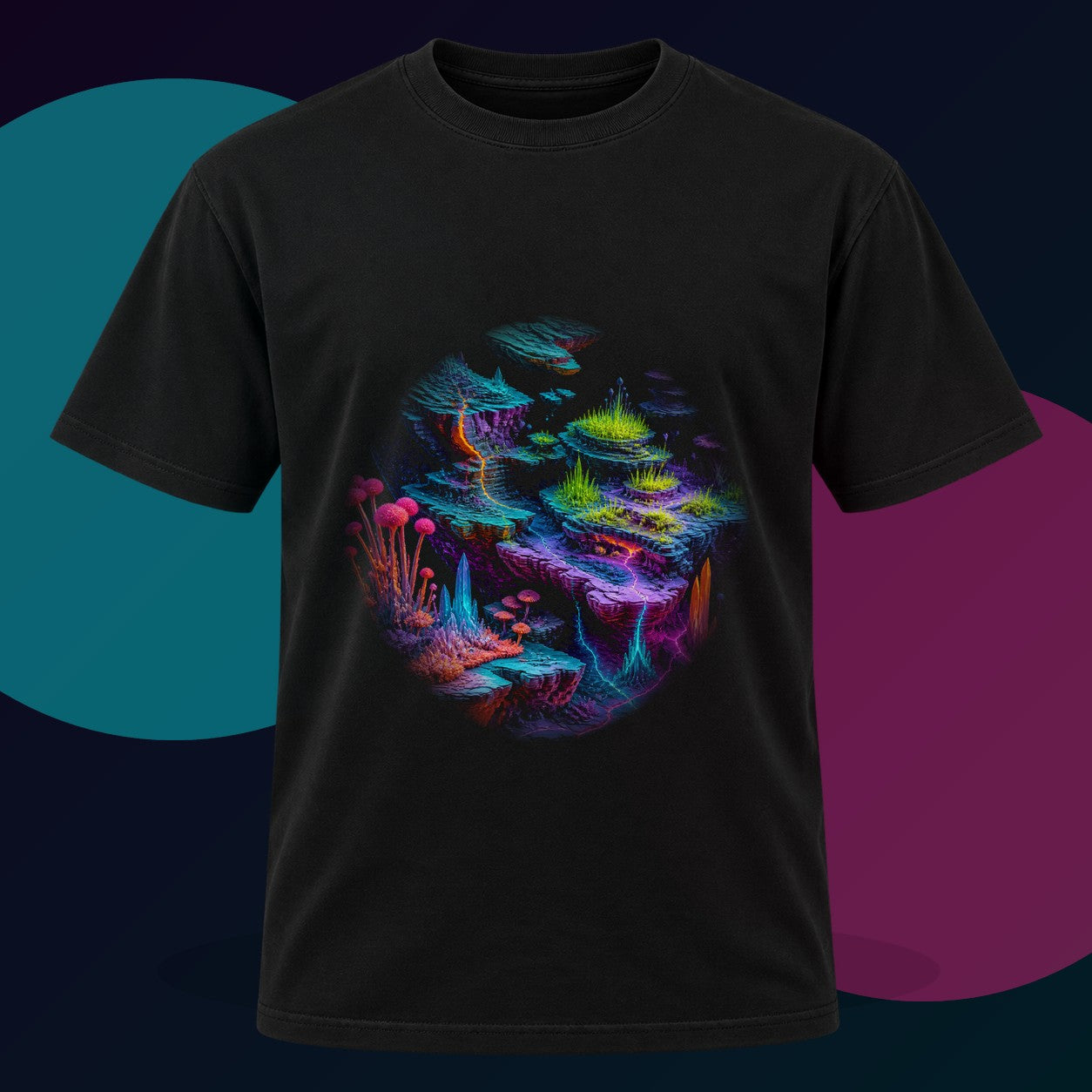 Chromatic Tectonic Garden original KOSVYRE design on a black graphic tee with cyan and violet studio lighting