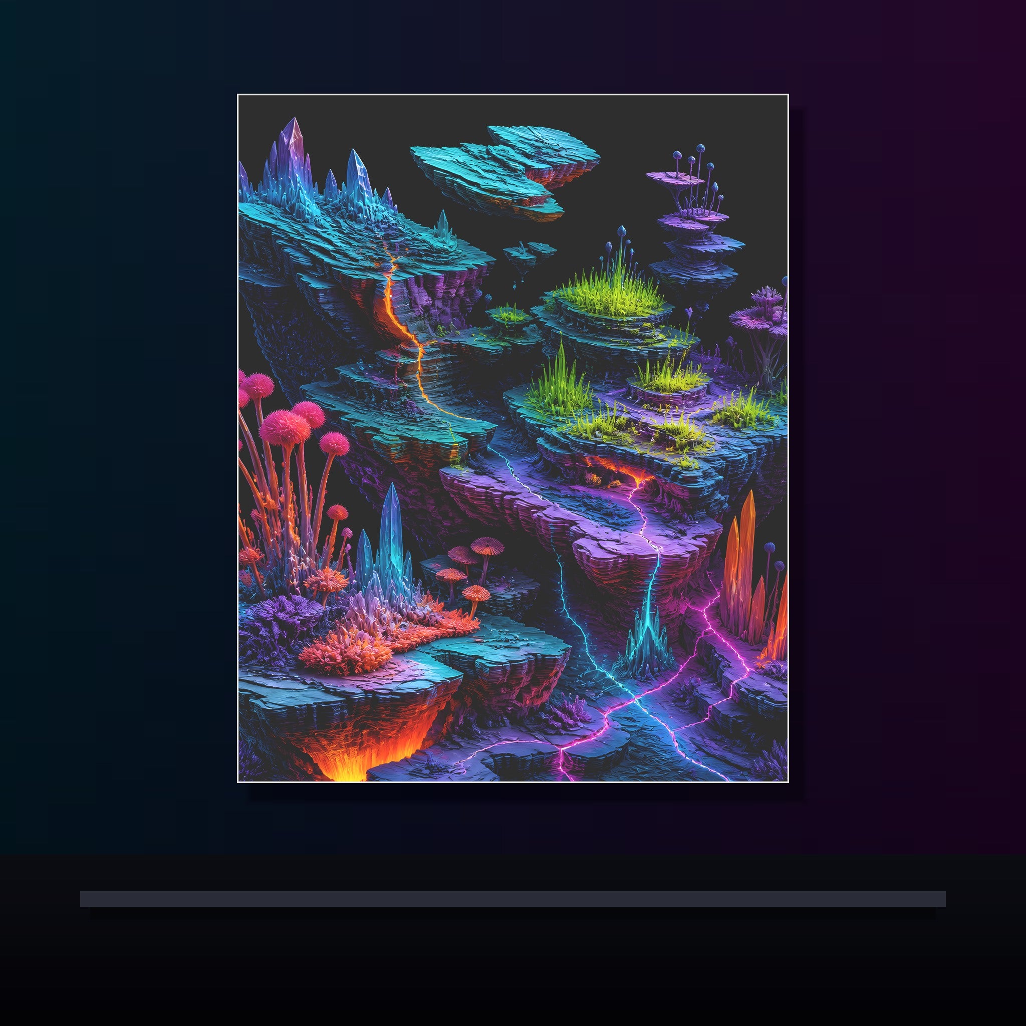 Chromatic Tectonic Garden original KOSVYRE poster displayed in a dark psychedelic gallery setting