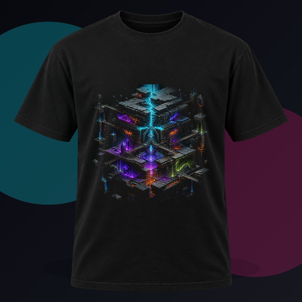 Chromatic Tectonics original KOSVYRE design on a black graphic tee against a graphite studio background