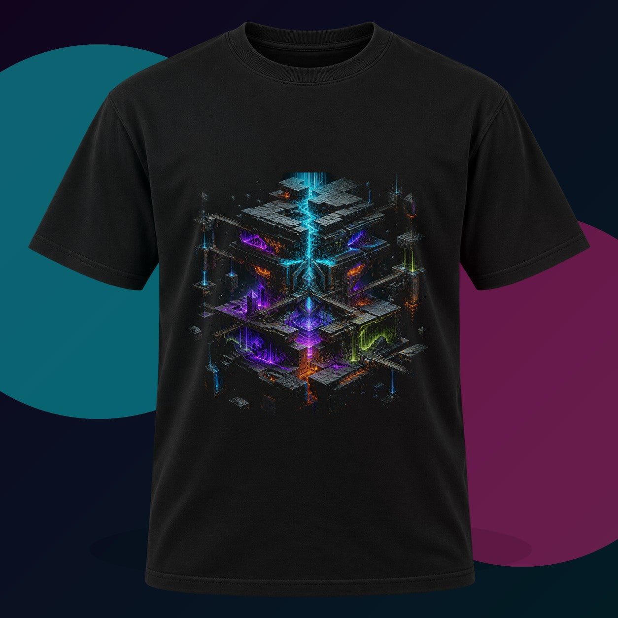 Chromatic Tectonics original KOSVYRE design on a black graphic tee with cyan and violet studio lighting