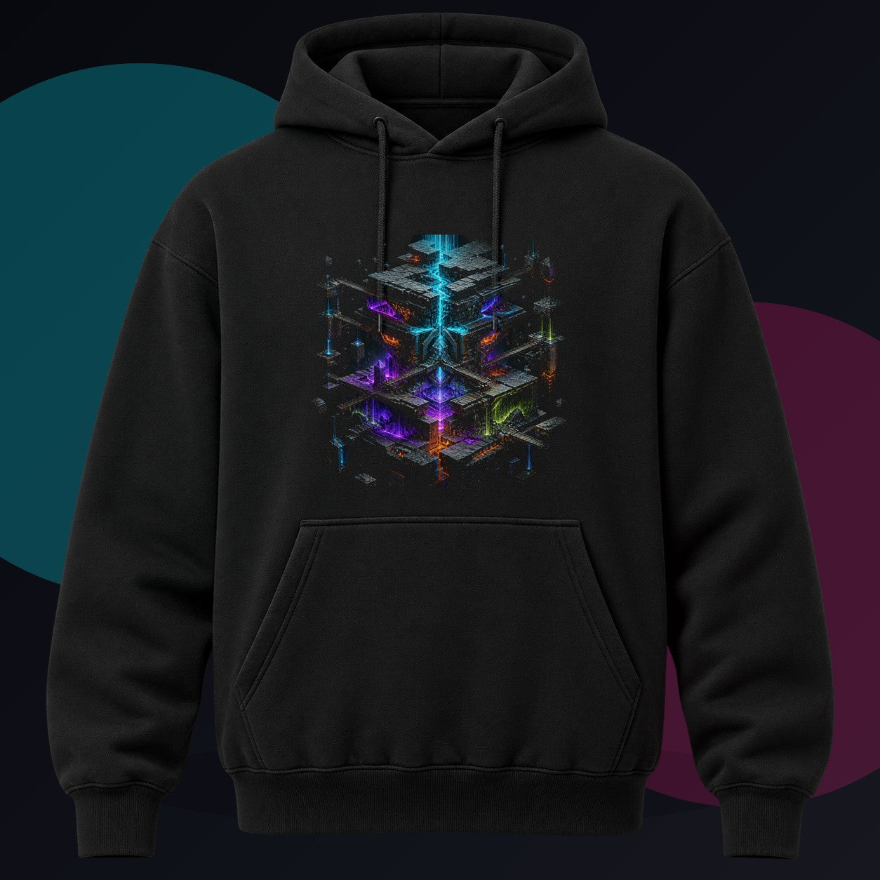 Chromatic Tectonics original KOSVYRE design on a black hoodie against a graphite studio background