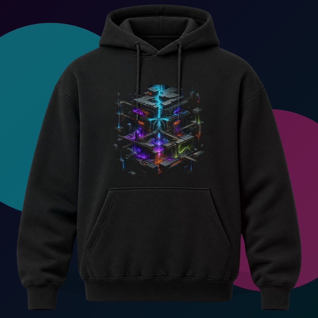 Chromatic Tectonics original KOSVYRE design on a black hoodie with cyan and violet studio lighting
