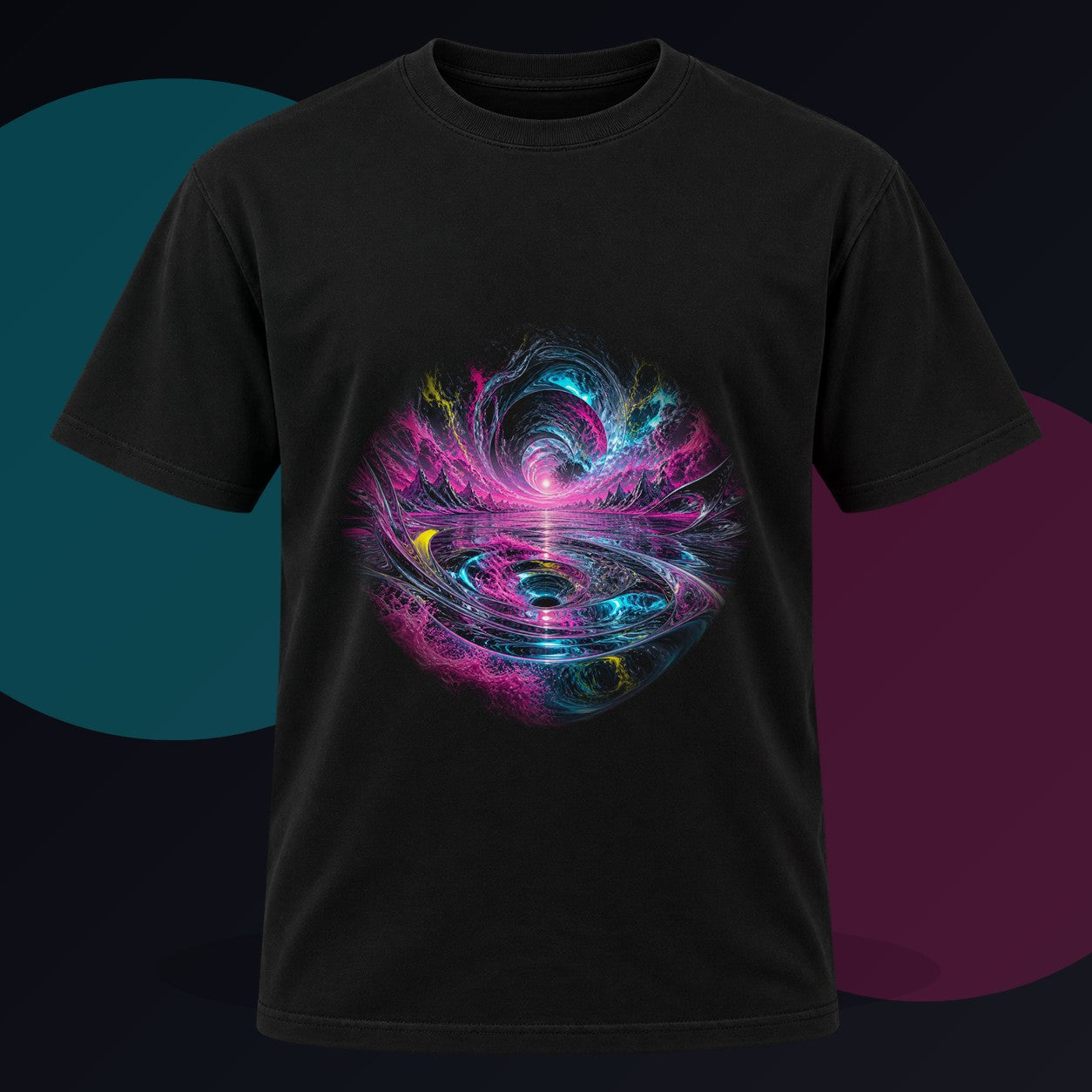 Chromatic Tidal Memory original KOSVYRE design on a black graphic tee against a graphite studio background