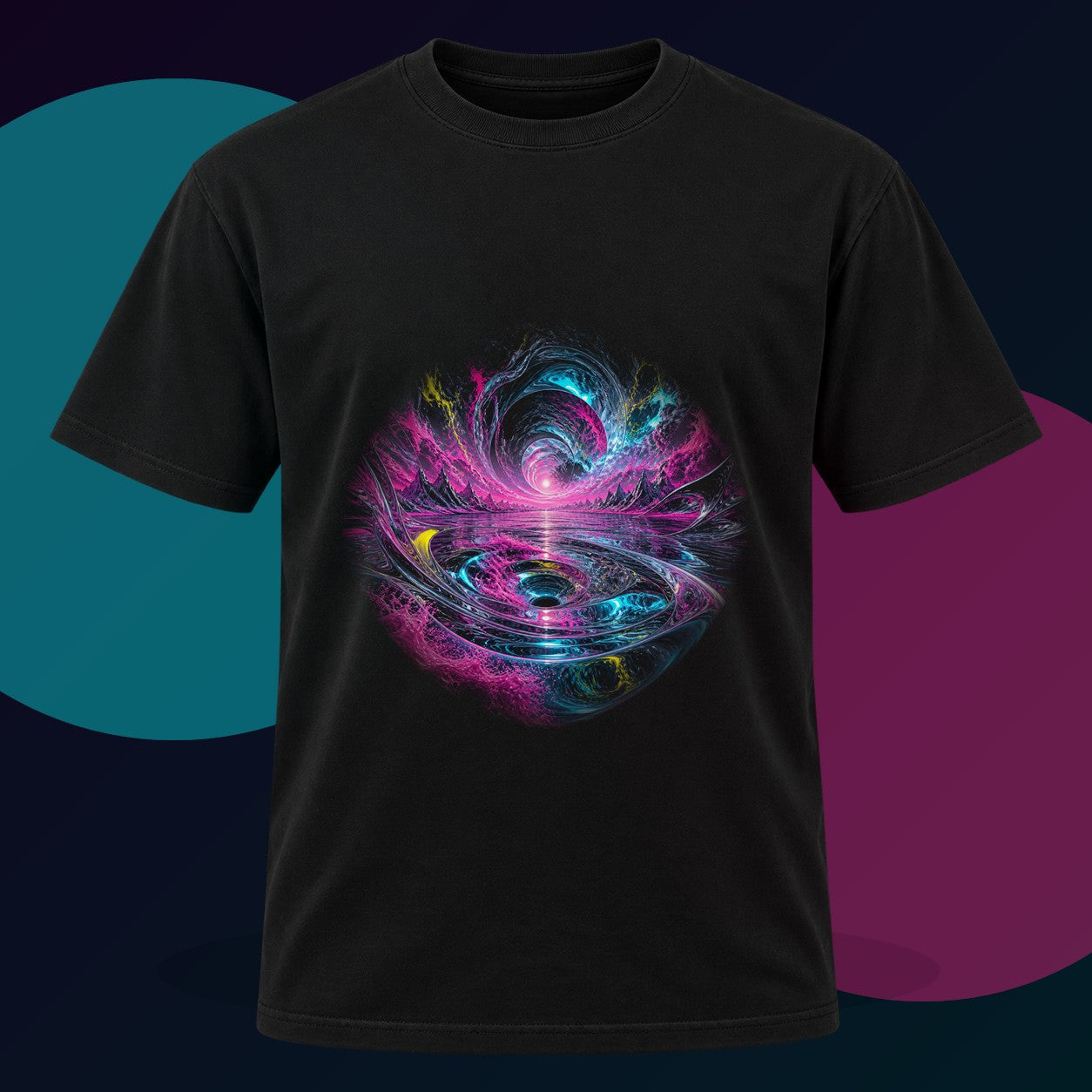 Chromatic Tidal Memory original KOSVYRE design on a black graphic tee with cyan and violet studio lighting