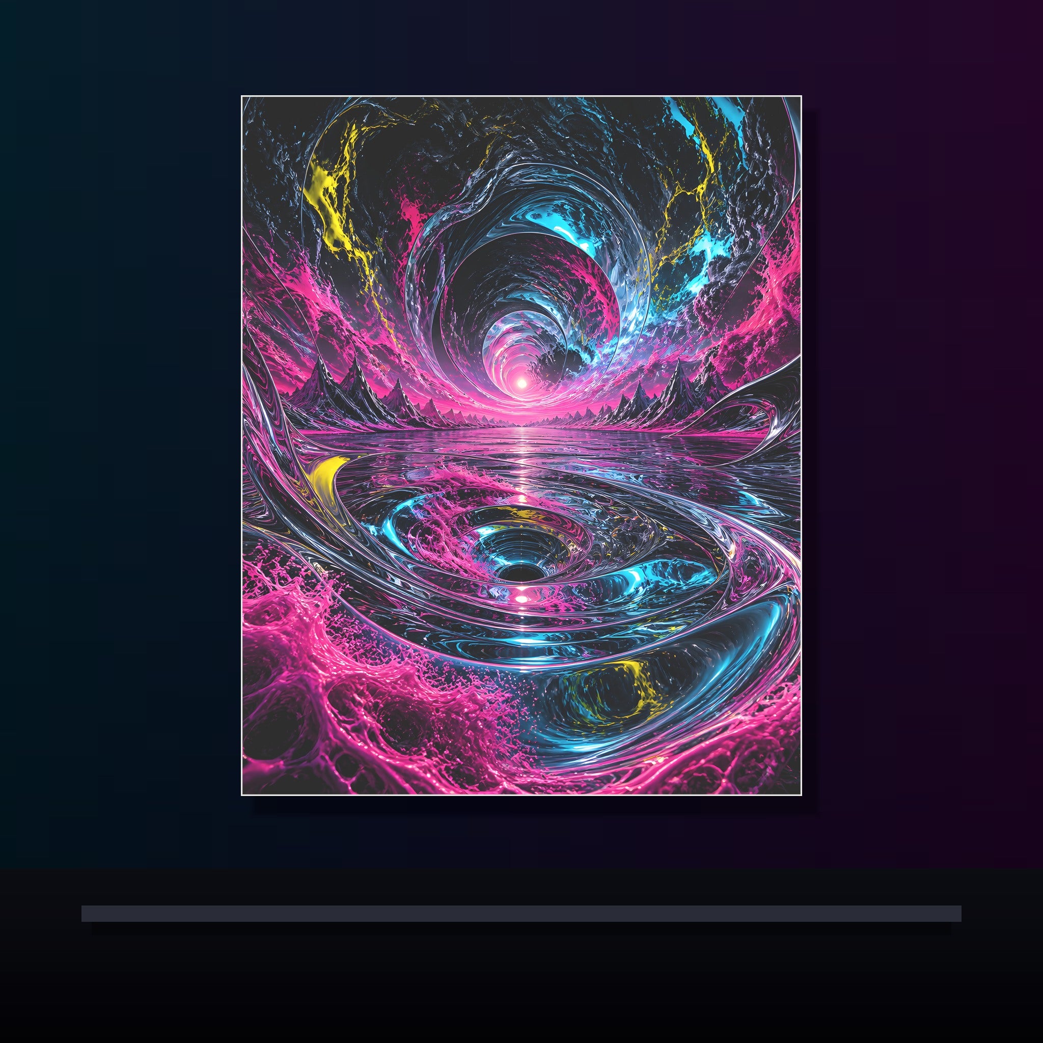 Chromatic Tidal Memory original KOSVYRE poster displayed in a dark psychedelic gallery setting