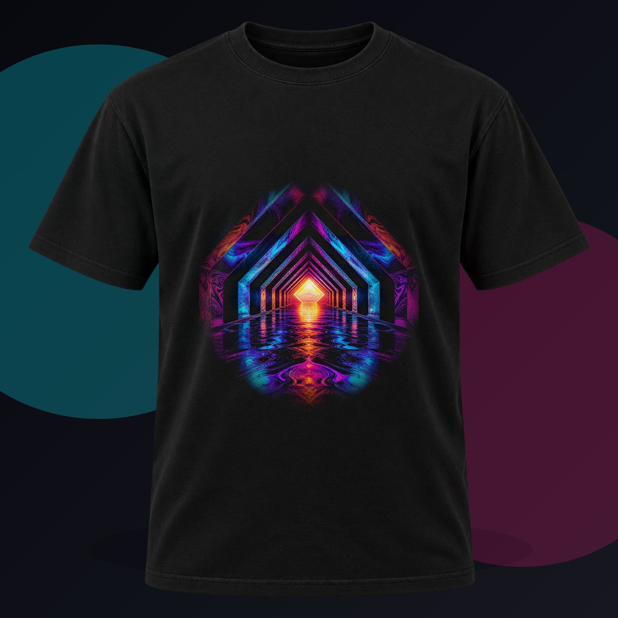 Chromatic Underpass original KOSVYRE design on a black graphic tee against a graphite studio background