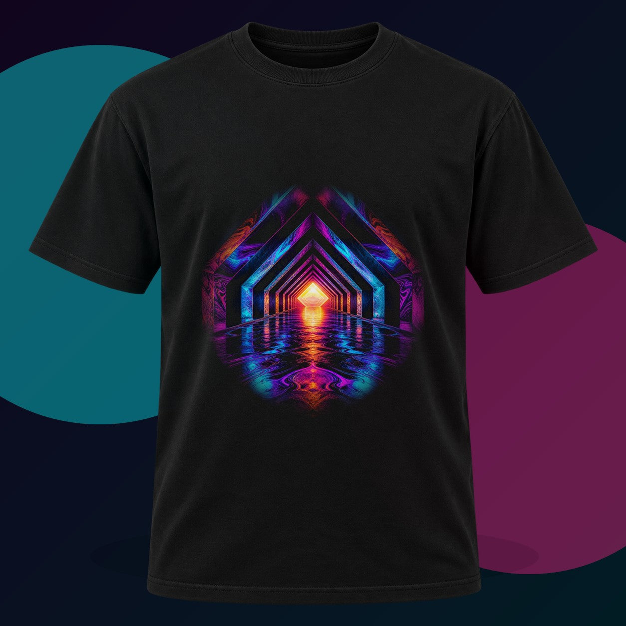 Chromatic Underpass original KOSVYRE design on a black graphic tee with cyan and violet studio lighting