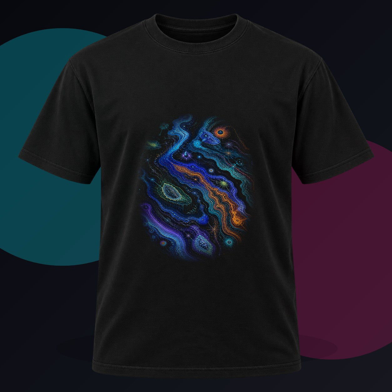 Chromatic Weather Ledger original KOSVYRE design on a black graphic tee against a graphite studio background