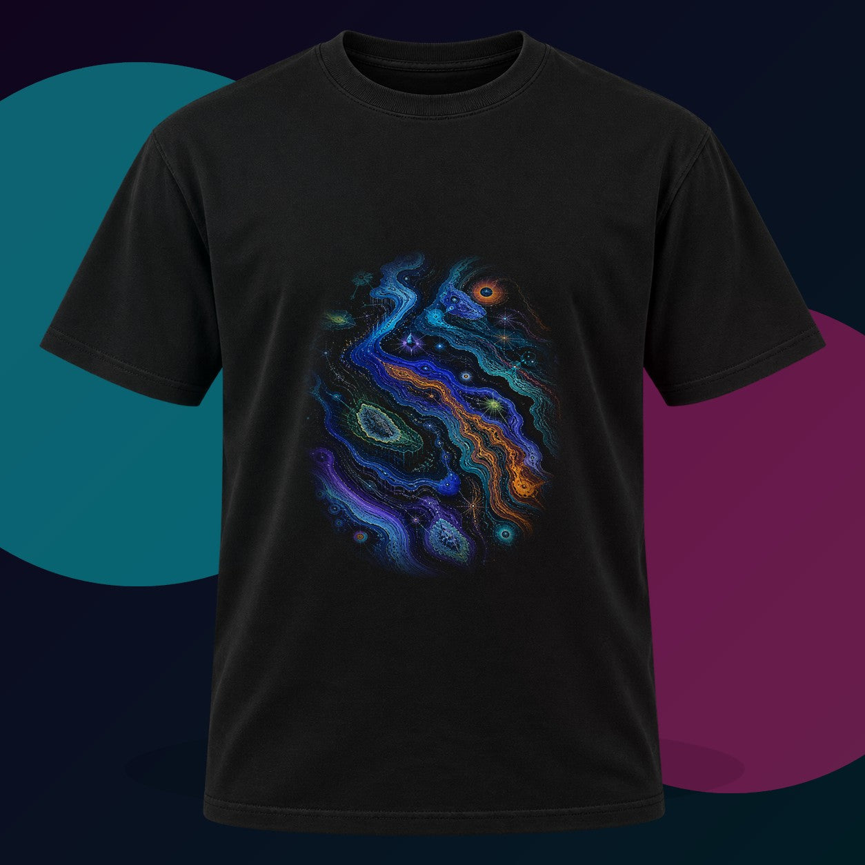 Chromatic Weather Ledger original KOSVYRE design on a black graphic tee with cyan and violet studio lighting
