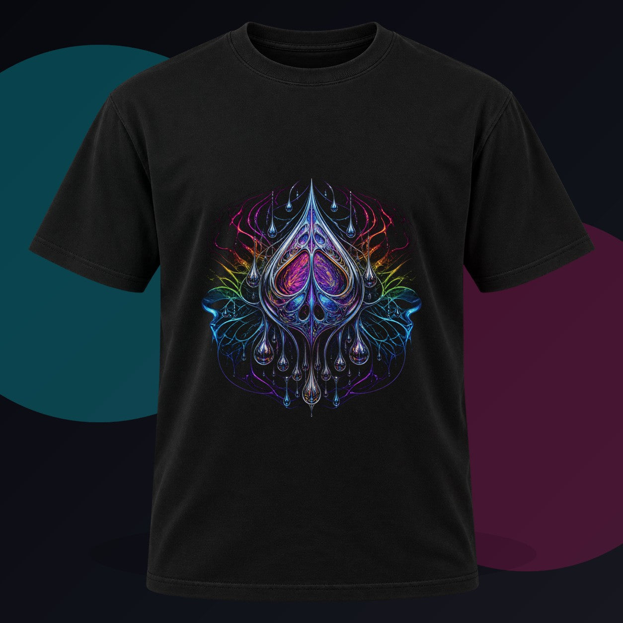 Chrome Anatomy of Rain original KOSVYRE design on a black graphic tee against a graphite studio background