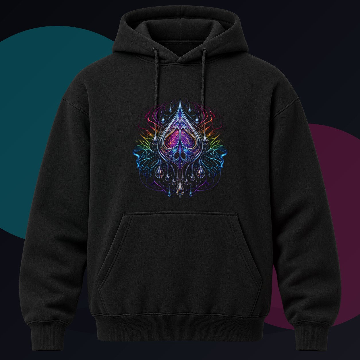 Chrome Anatomy of Rain original KOSVYRE design on a black hoodie against a graphite studio background
