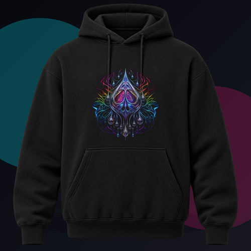 Chrome Anatomy of Rain original KOSVYRE design on a black hoodie against a graphite studio background